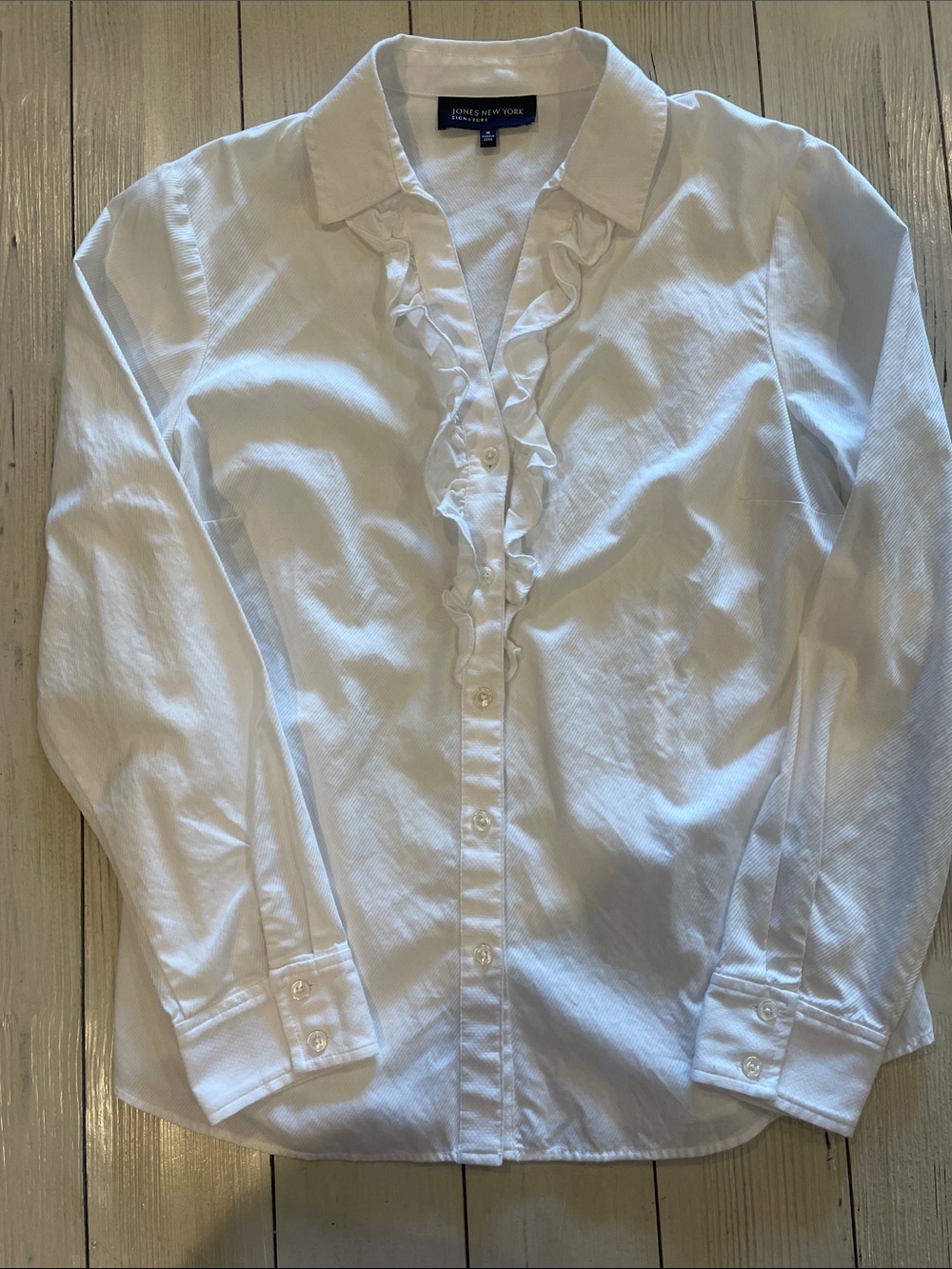 Jones New York White Ruffle-Front Button Down Shirt